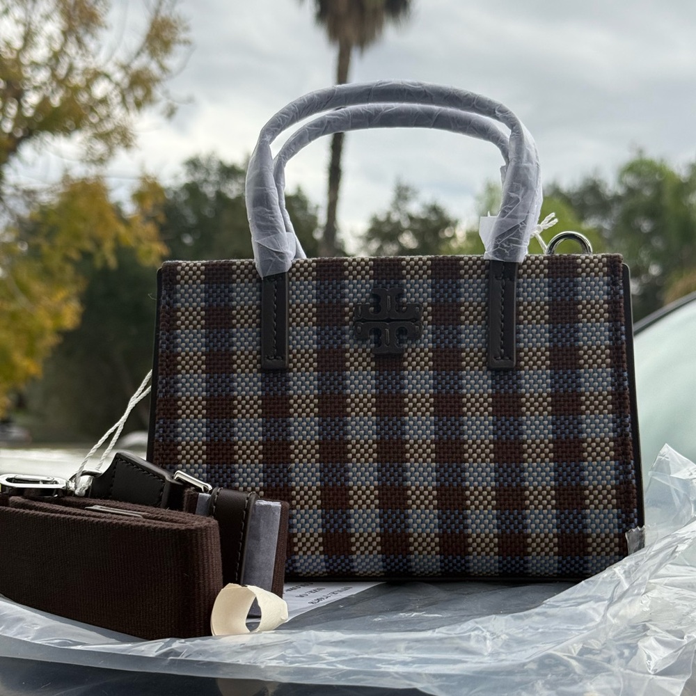 Tory Burch Blake Plaid Mini Tote 176878 Blue Multi Woven Nylon $400